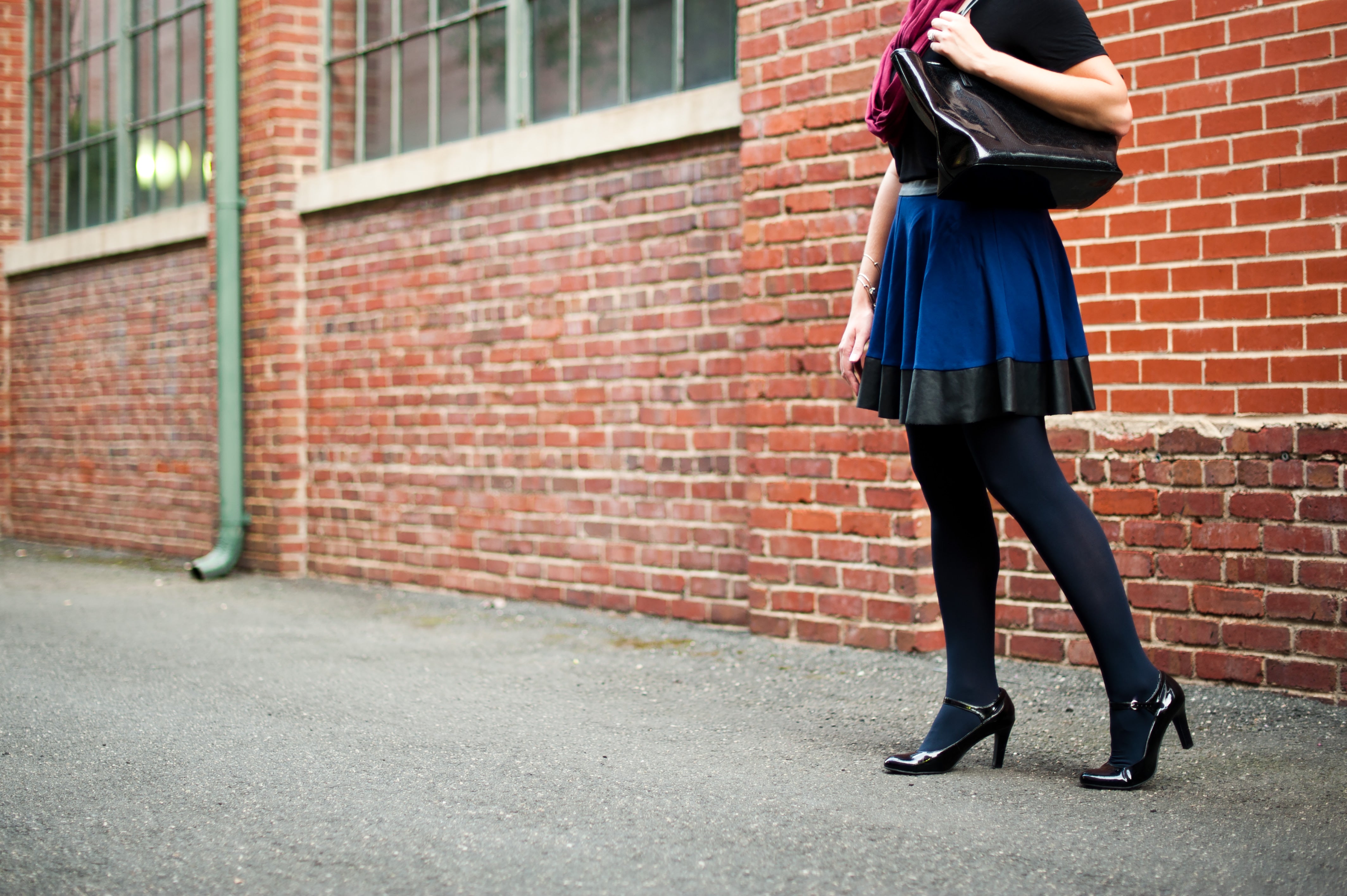 blue and brown shift dress, navy tights, and suede heels  Fashion tights,  Sheer black tights, Sweater dress outfit