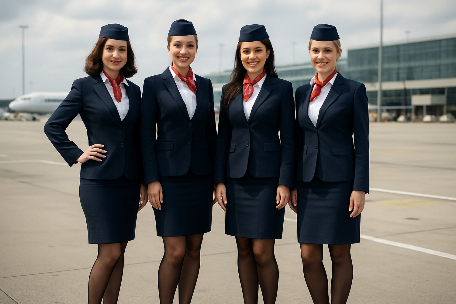The fit details that matter most when you are sitting for hours: a group of female flight attendants in pantyhose posing at an airport. Each female has a unique face and hair. (image)