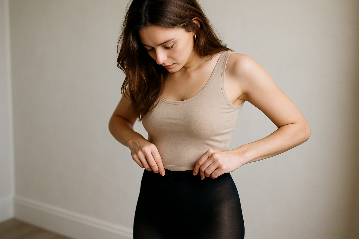 Woman adjusting the waistband of black tights (image)