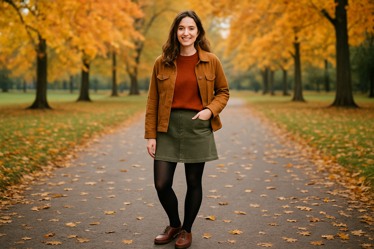 Section: Woman in casual clothes in fall colors wearing black tights and brown shoes posing for pictures in a park with trees showing fall leaves. Full body, wide shot. Ultra realistic and detailed. (image)