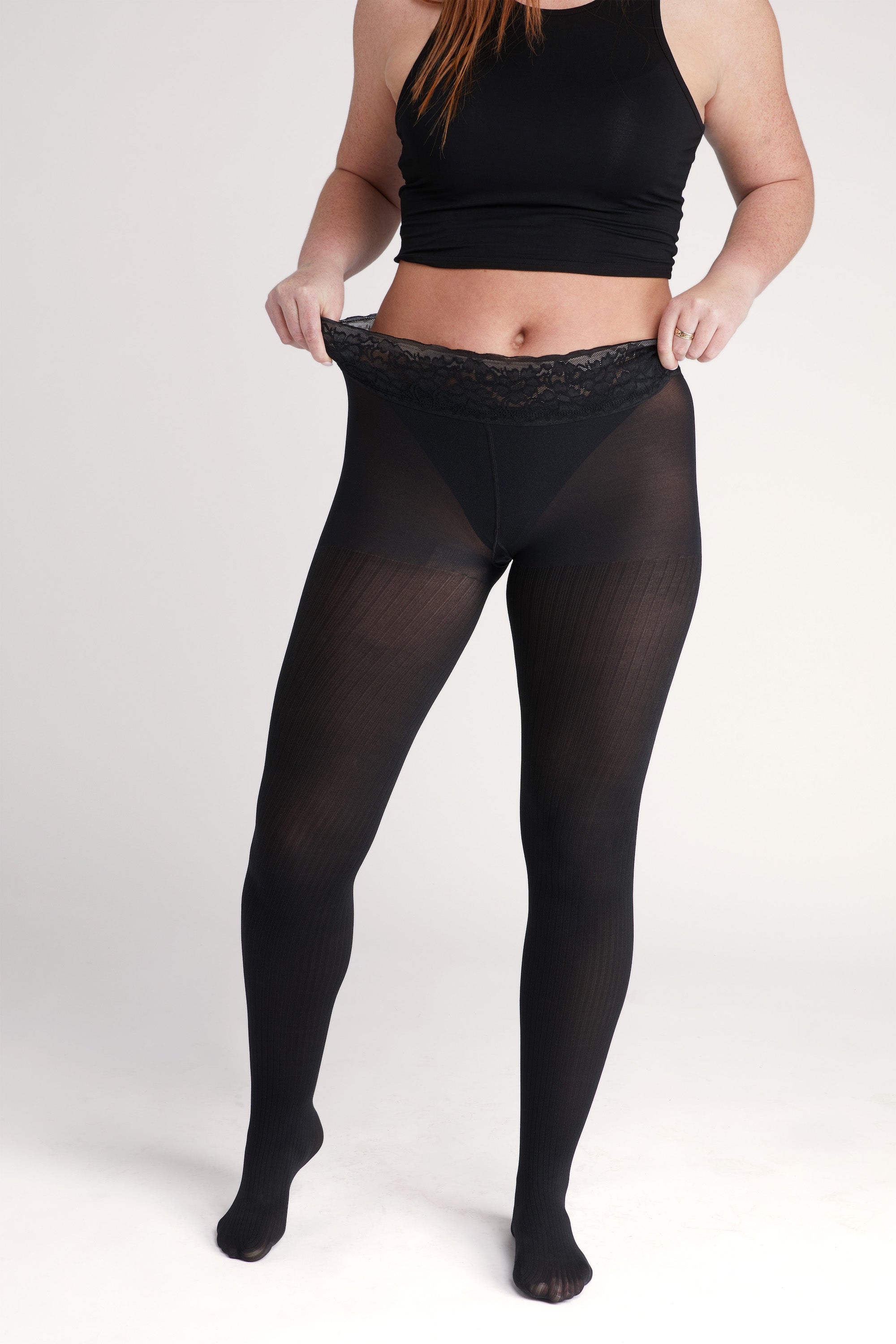 Black Opaque Ribbed Tights With Luxe Comfort Waistband