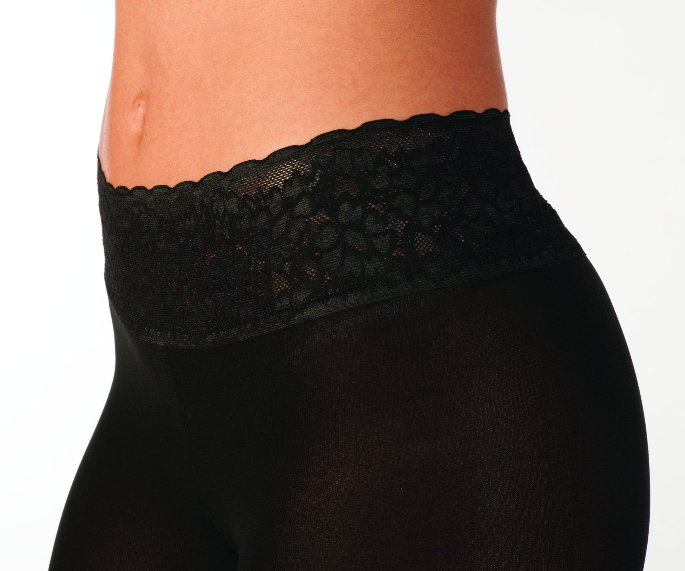 Close-up of Hipstik Comfort Lace Band on Black Sheer Pantyhose